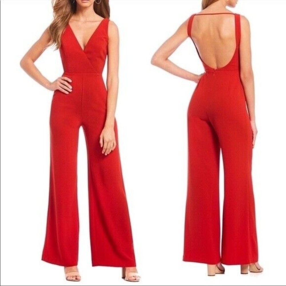 Wayf Women Curtis Red V-Neck Sleeveless Crepe Surplice Wide Leg Jumpsuit Size M